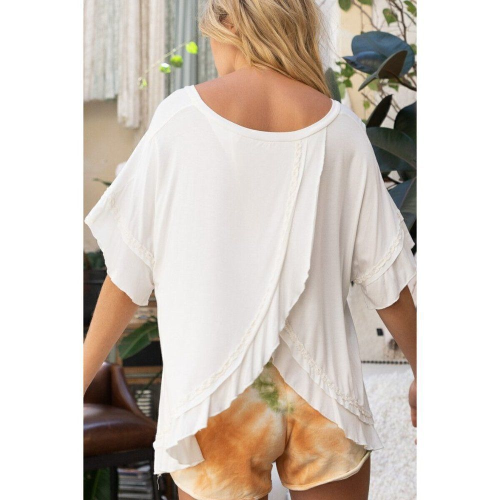 POL CLOTHING White Flowy Peek a Boo Back Tee Shirt Ruffle Summer Spring RCT763 - Picture 5 of 8